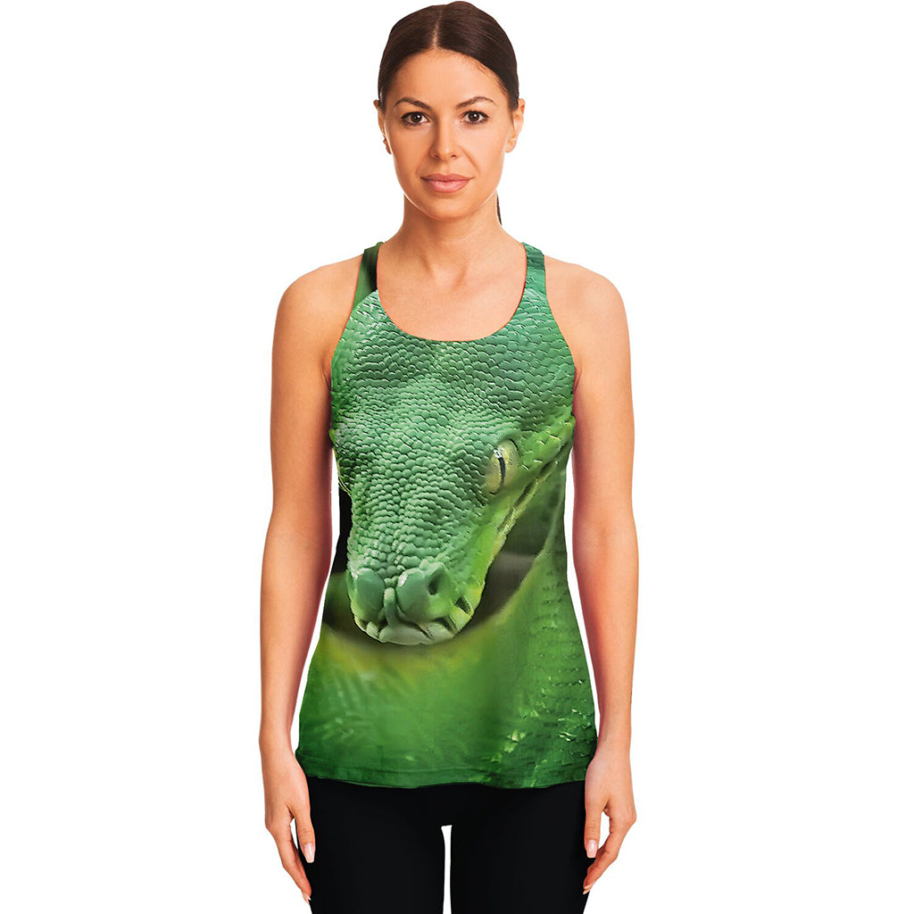 Green Reticulated Python Snake Print Women's Racerback Tank Top