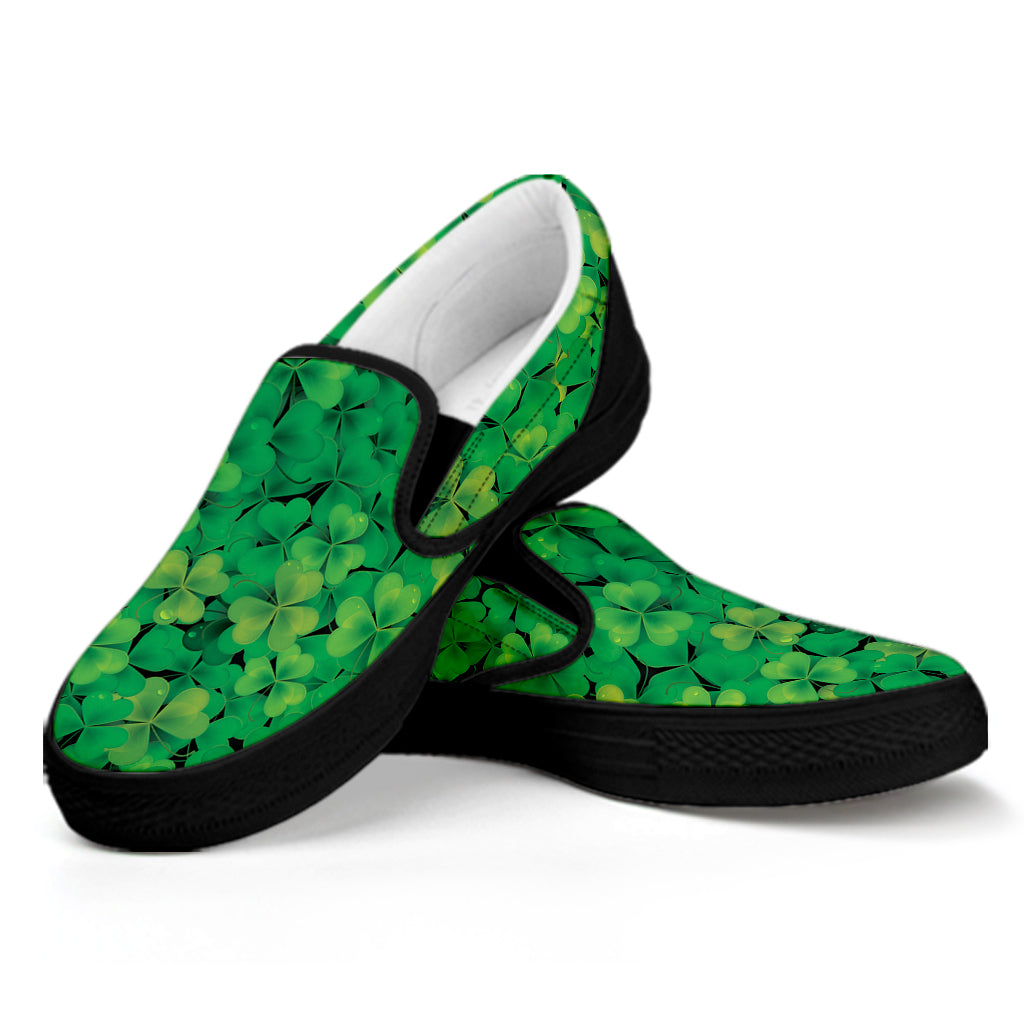 Green Shamrock Leaf Pattern Print Black Slip On Shoes