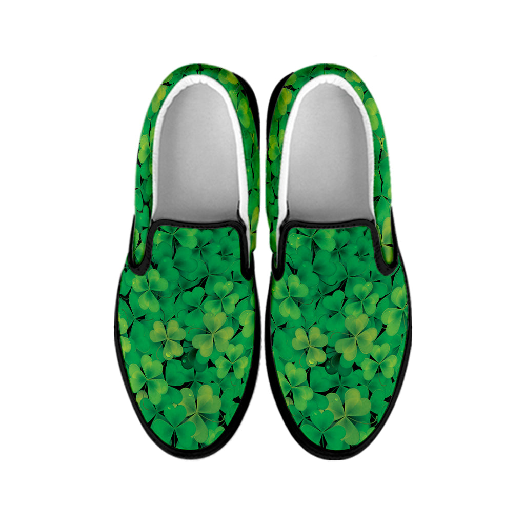 Green Shamrock Leaf Pattern Print Black Slip On Shoes