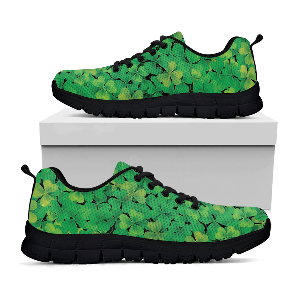 Green Shamrock Leaf Pattern Print Black Sneakers