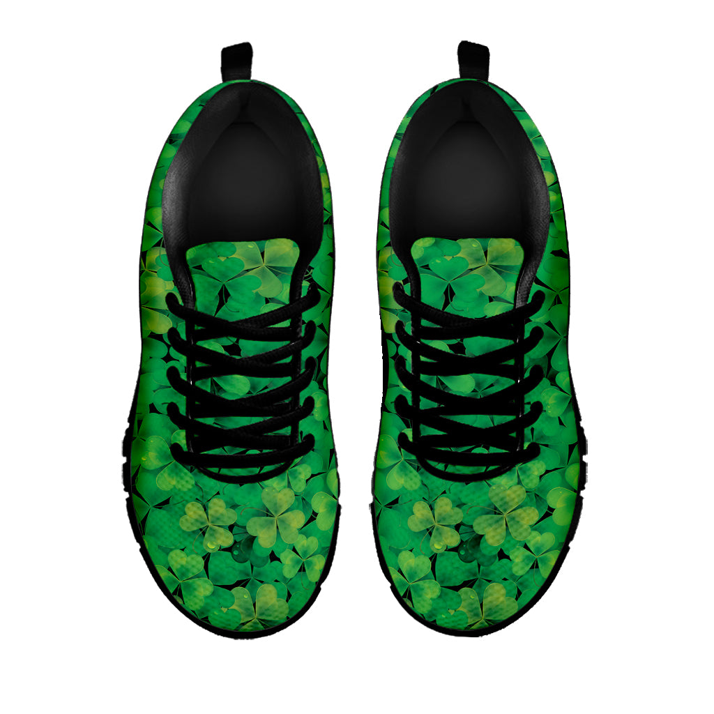 Green Shamrock Leaf Pattern Print Black Sneakers