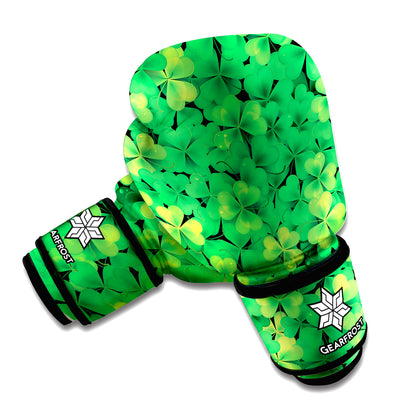 Green Shamrock Leaf Pattern Print Boxing Gloves