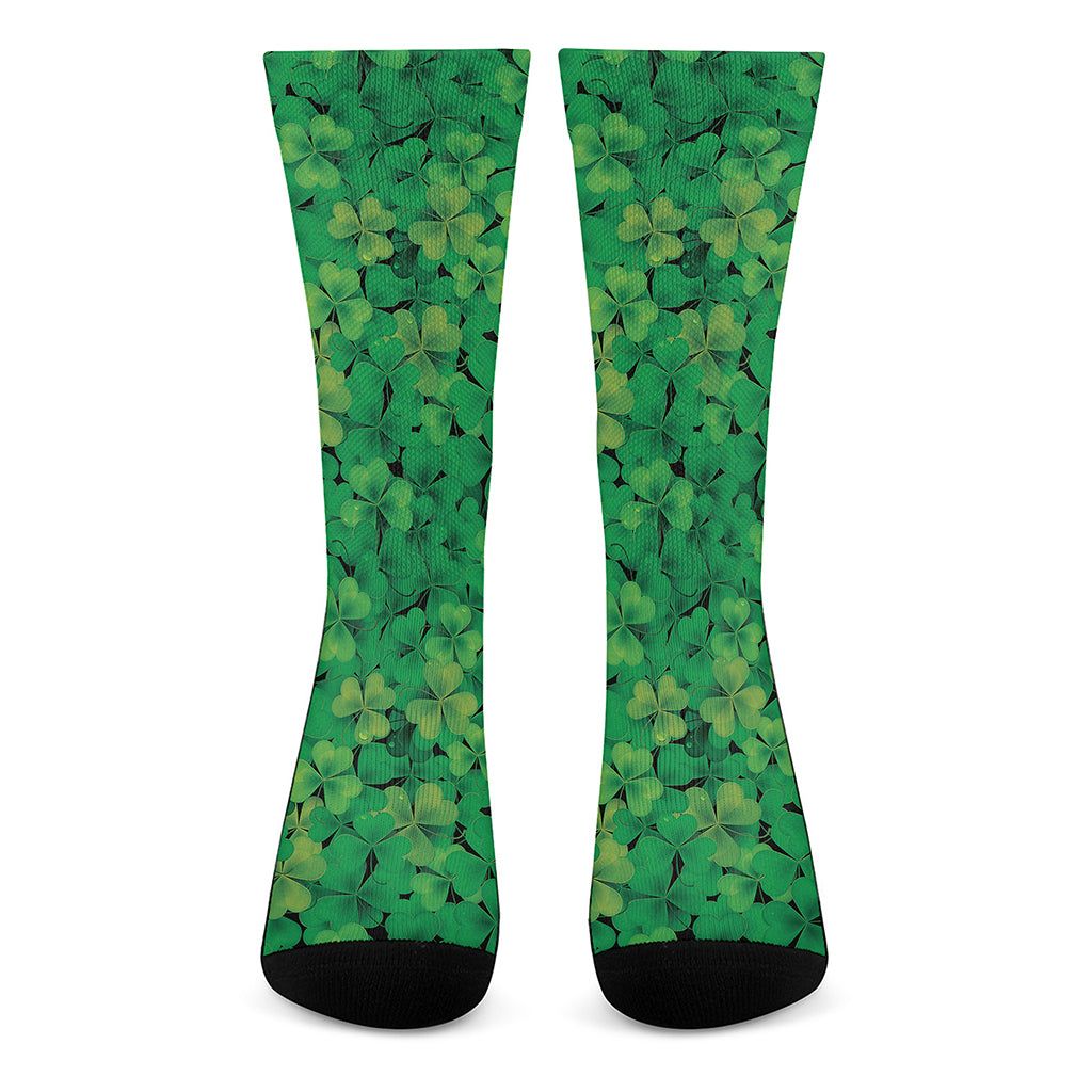 Green Shamrock Leaf Pattern Print Crew Socks