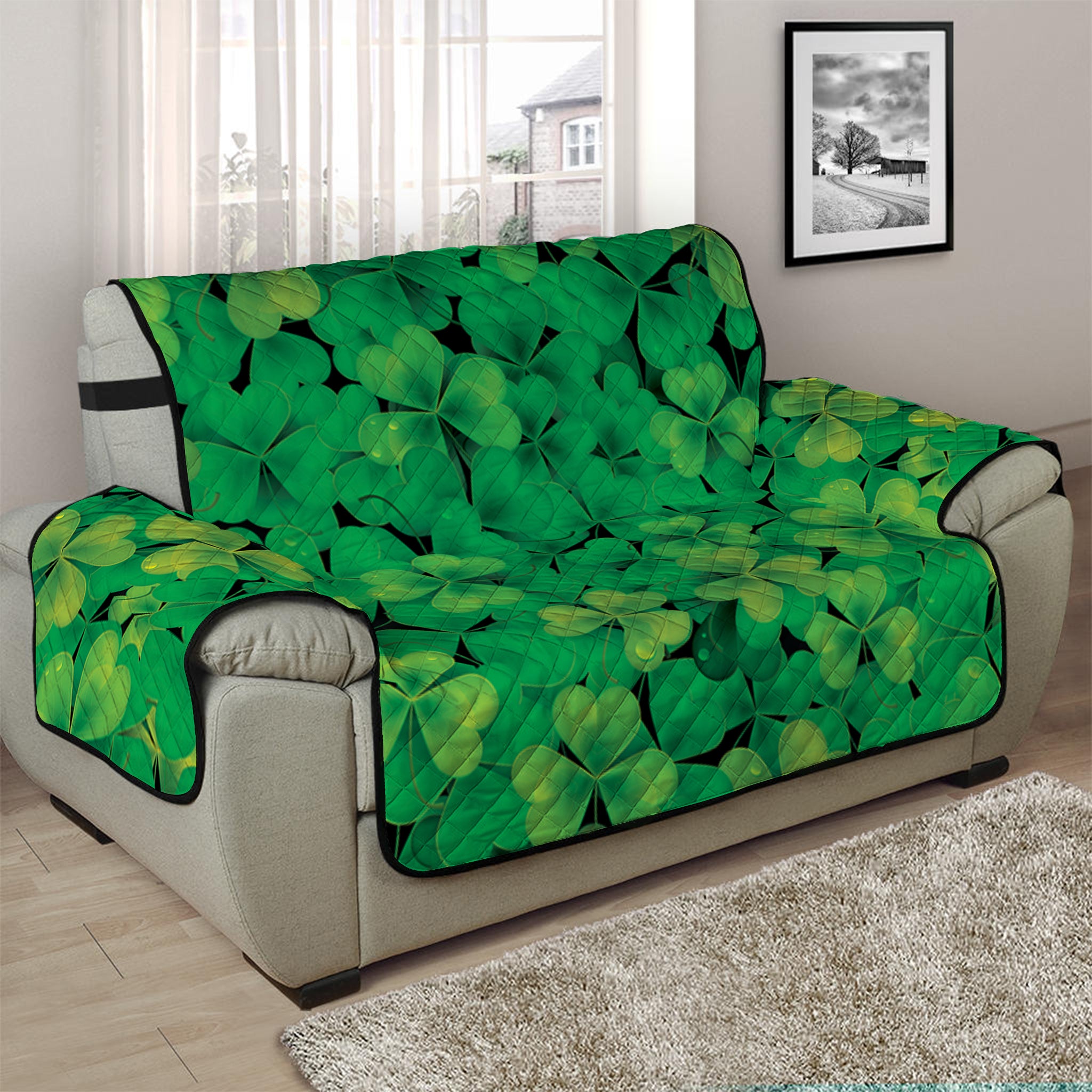 Green Shamrock Leaf Pattern Print Half Sofa Protector