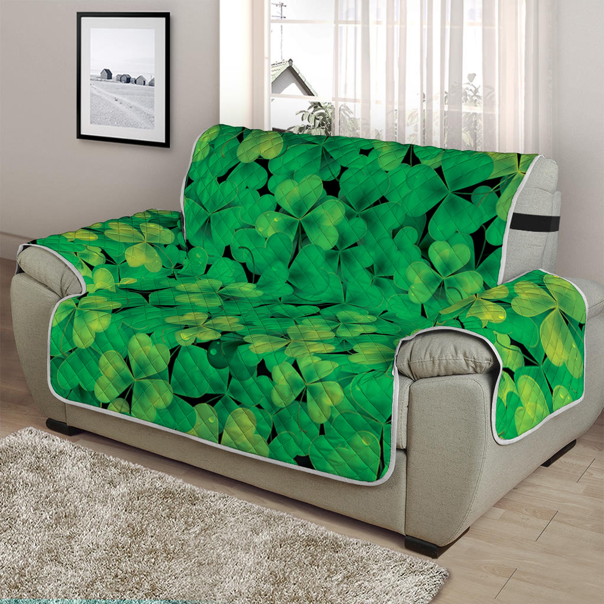 Green Shamrock Leaf Pattern Print Half Sofa Protector