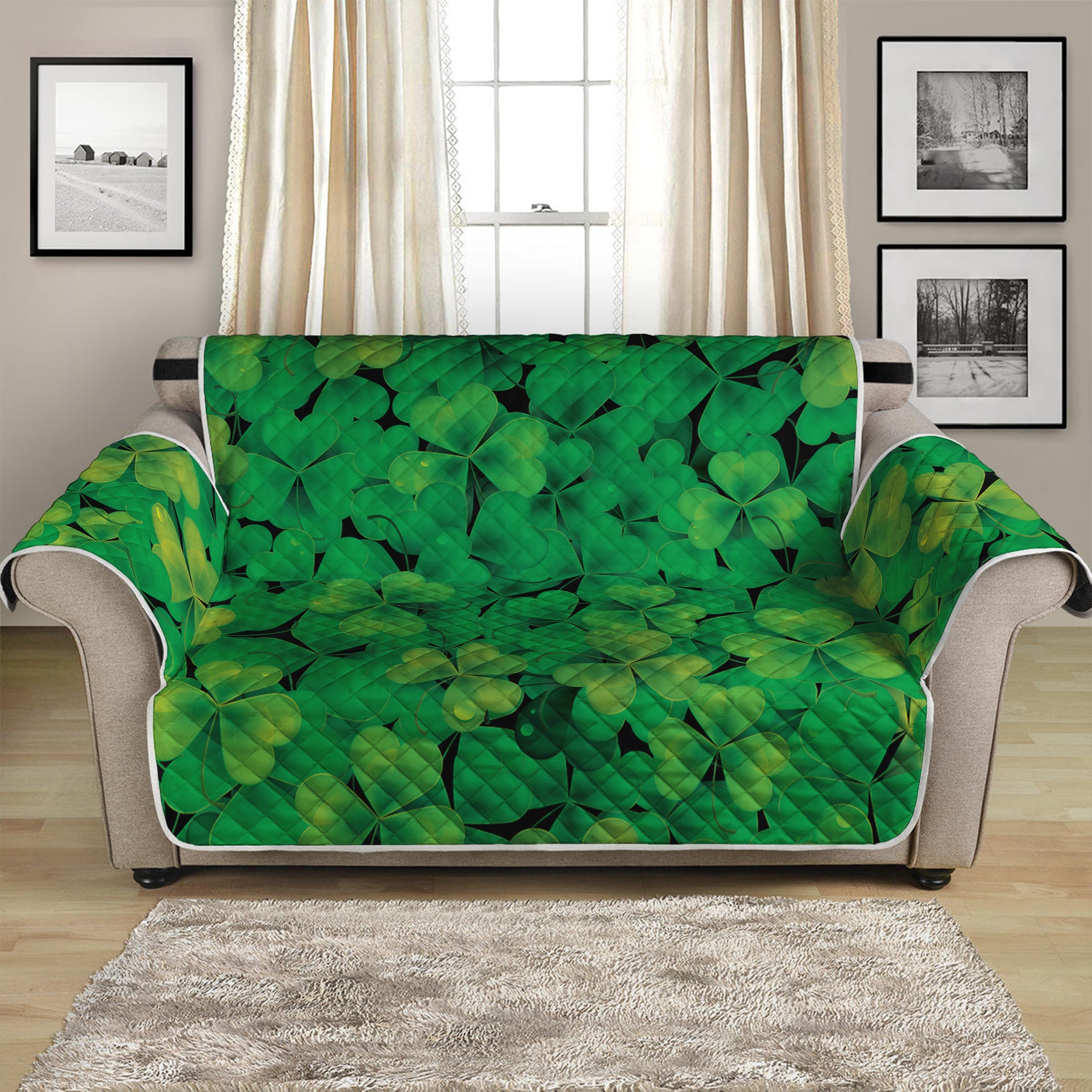 Green Shamrock Leaf Pattern Print Loveseat Protector