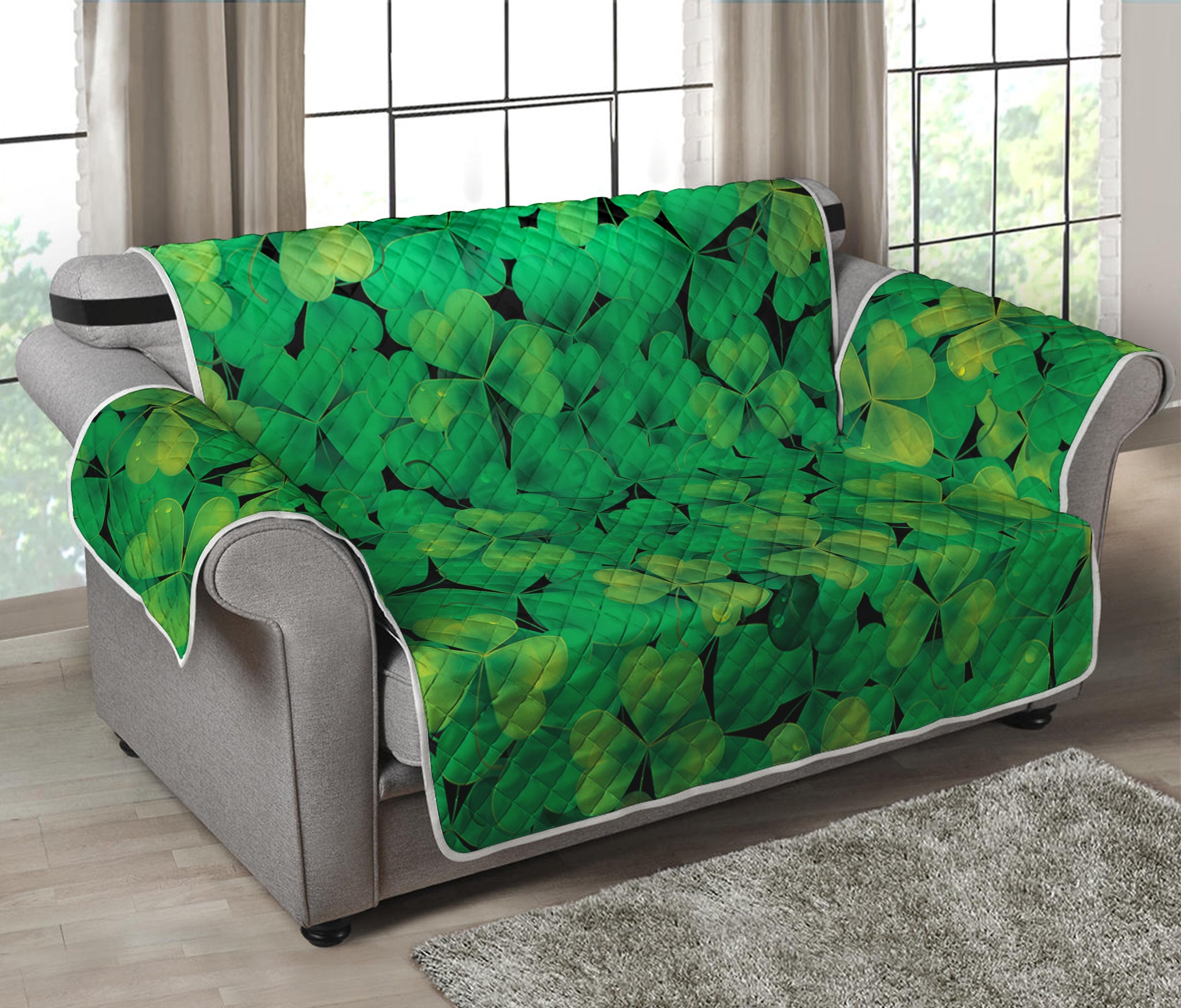 Green Shamrock Leaf Pattern Print Loveseat Protector