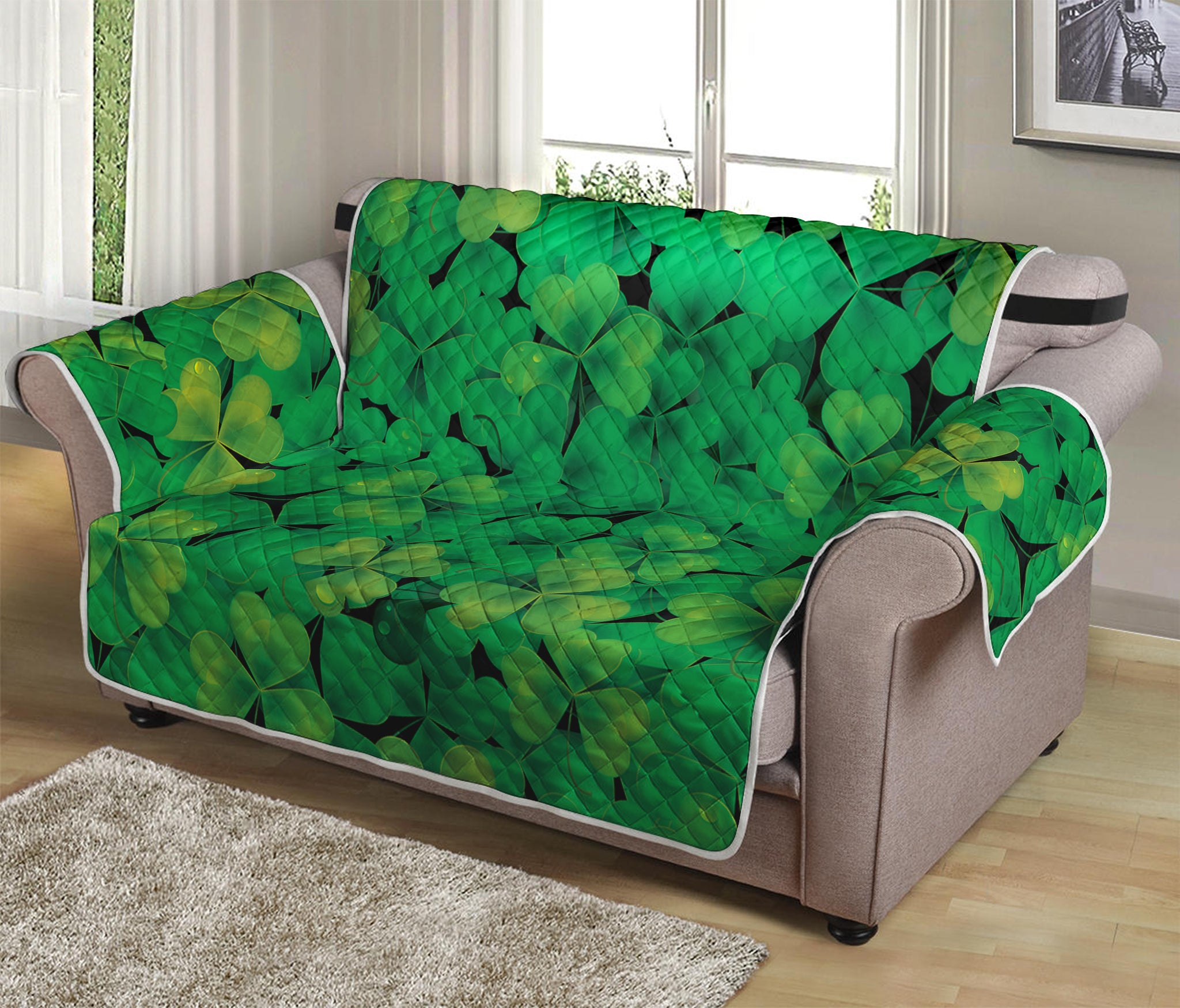 Green Shamrock Leaf Pattern Print Loveseat Protector