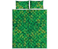 Green Shamrock Leaf Pattern Print Quilt Bed Set