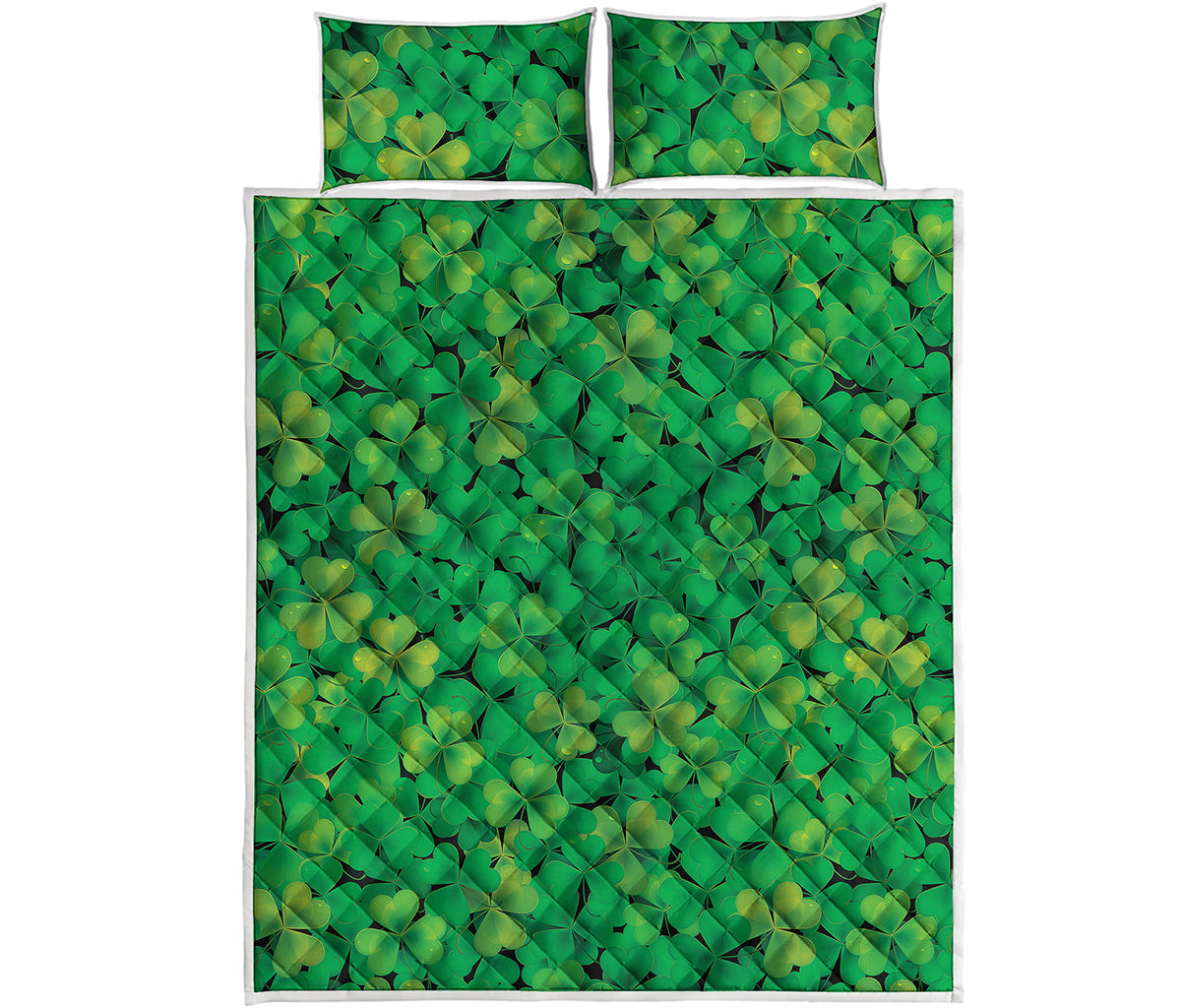 Green Shamrock Leaf Pattern Print Quilt Bed Set