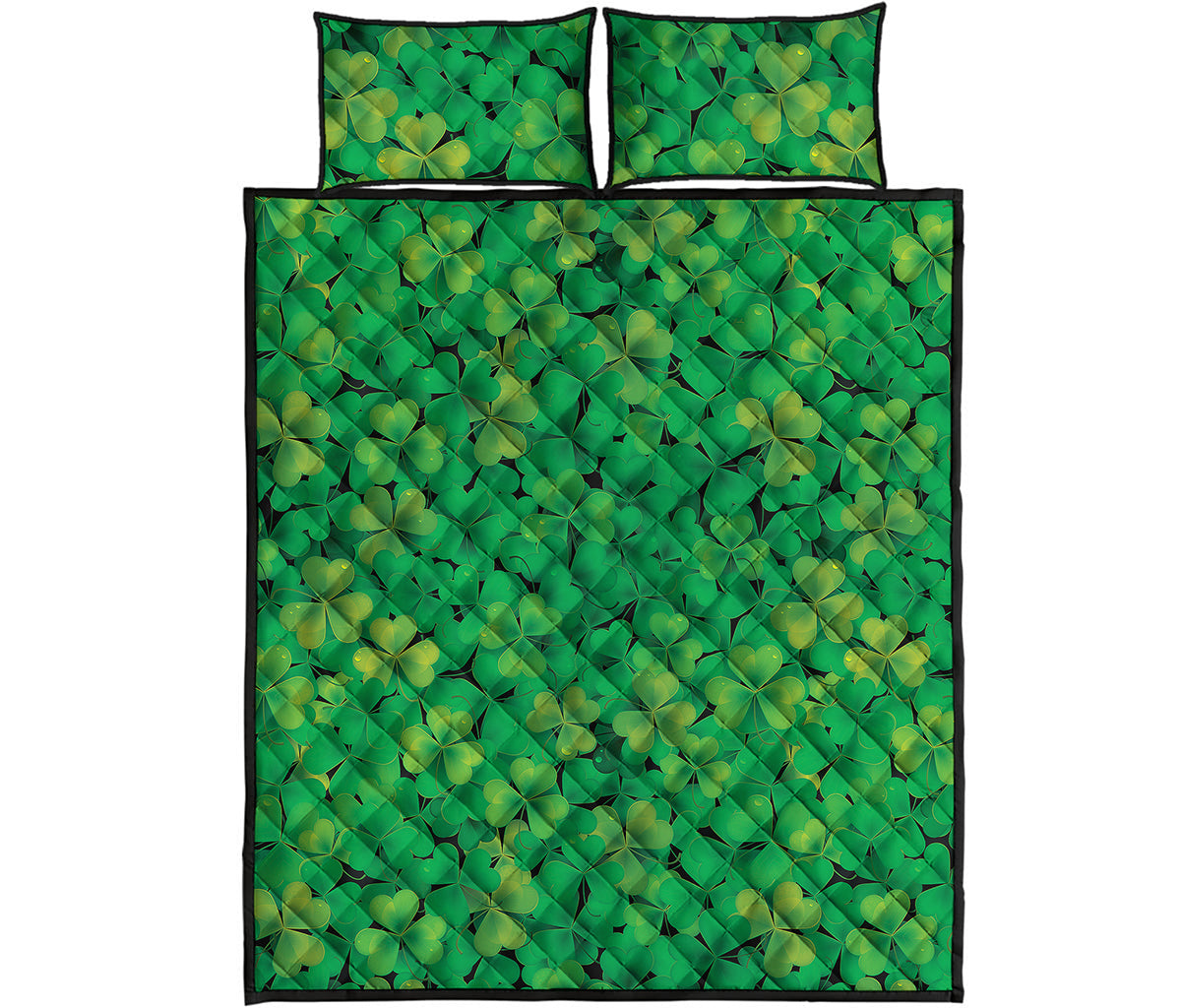 Green Shamrock Leaf Pattern Print Quilt Bed Set