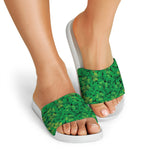 Green Shamrock Leaf Pattern Print White Slide Sandals