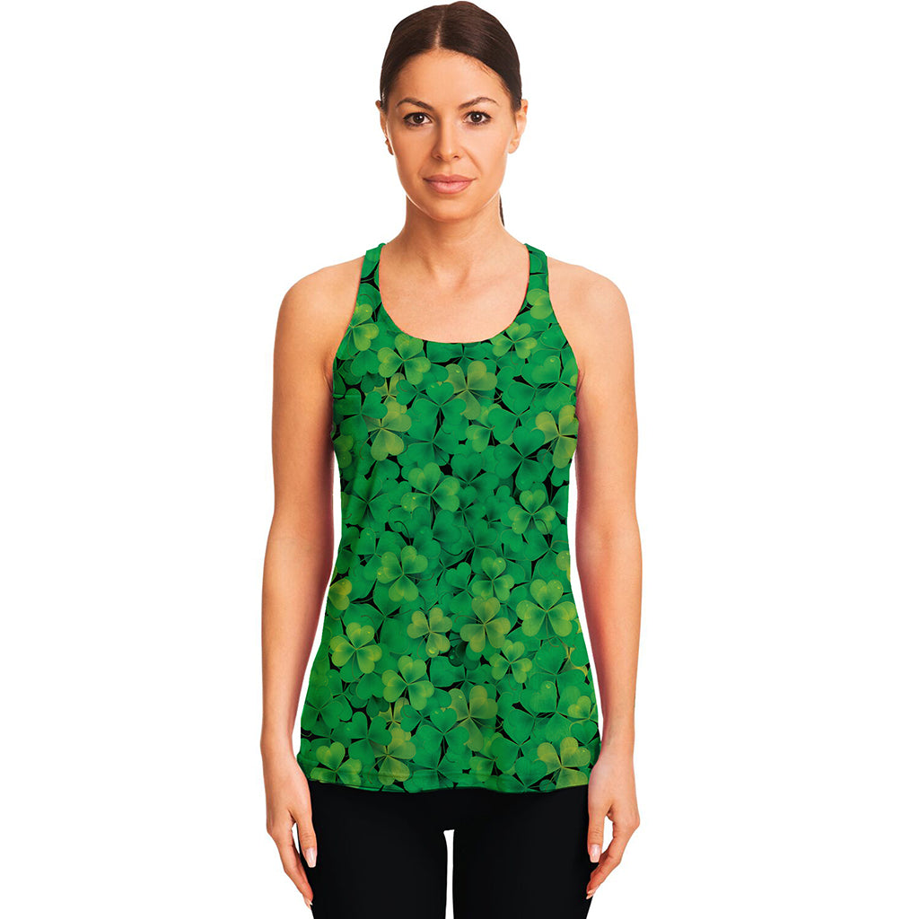 Green Shamrock Leaf Pattern Print Women's Racerback Tank Top
