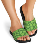 Green Shamrock Plaid Pattern Print Black Slide Sandals