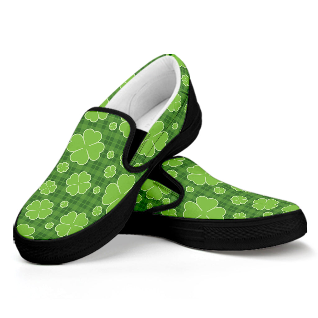 Green Shamrock Plaid Pattern Print Black Slip On Shoes