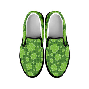 Green Shamrock Plaid Pattern Print Black Slip On Shoes