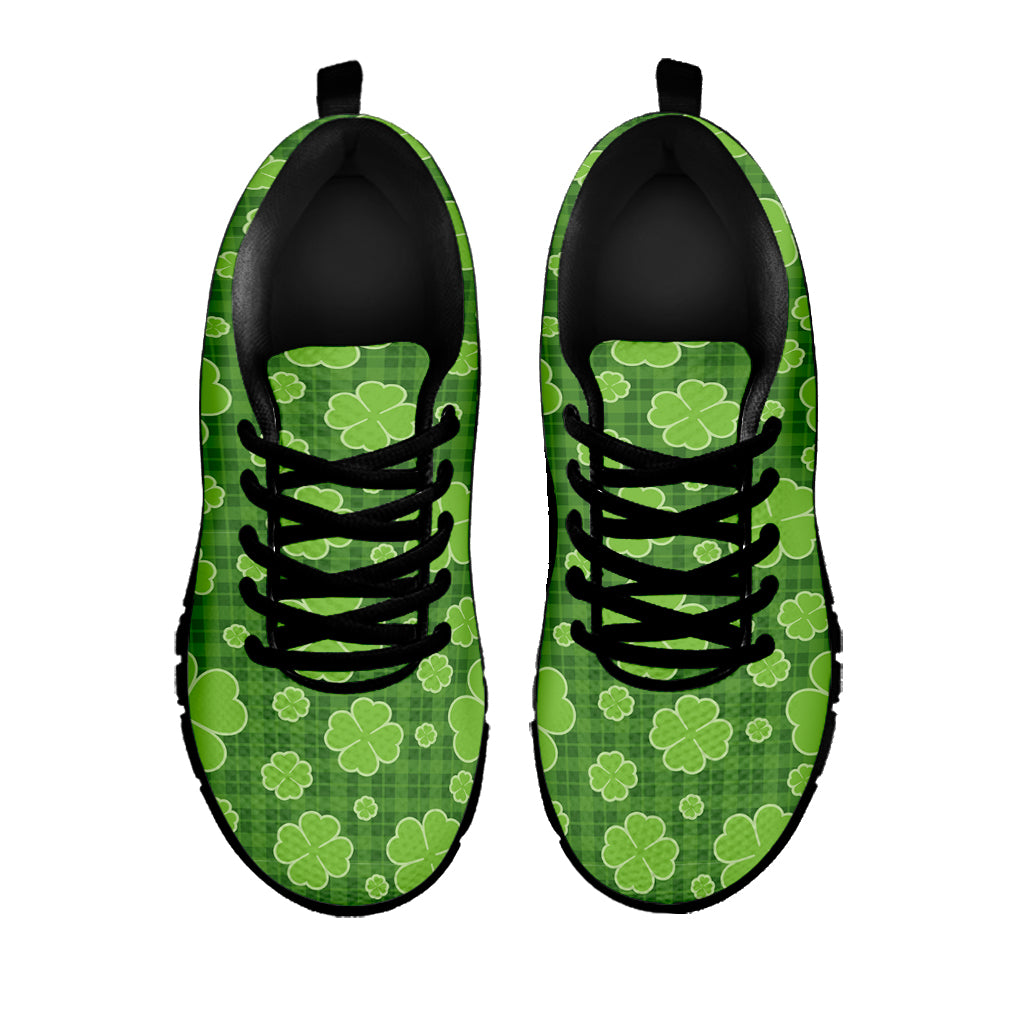 Green Shamrock Plaid Pattern Print Black Sneakers