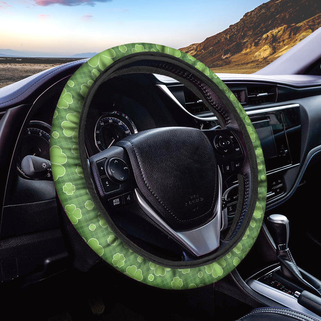 Green Shamrock Plaid Pattern Print Car Steering Wheel Cover