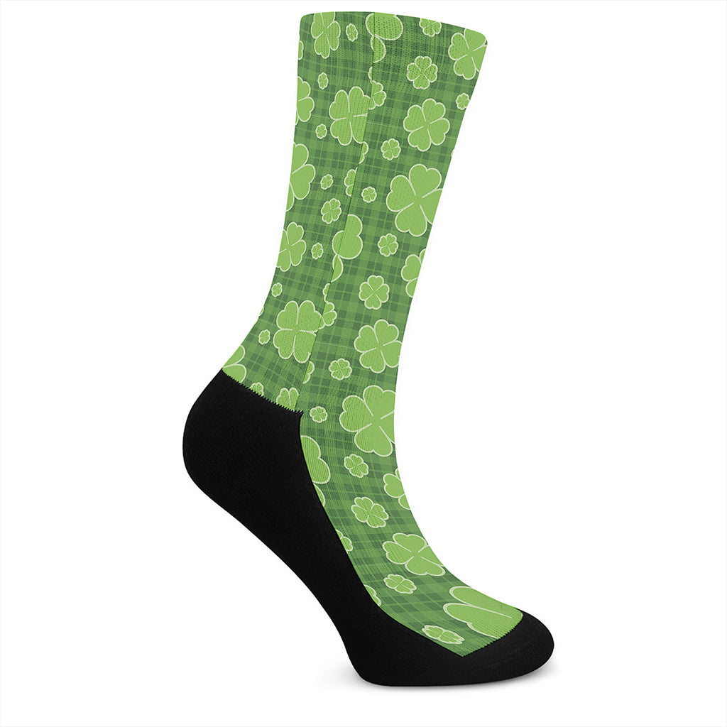 Green Shamrock Plaid Pattern Print Crew Socks