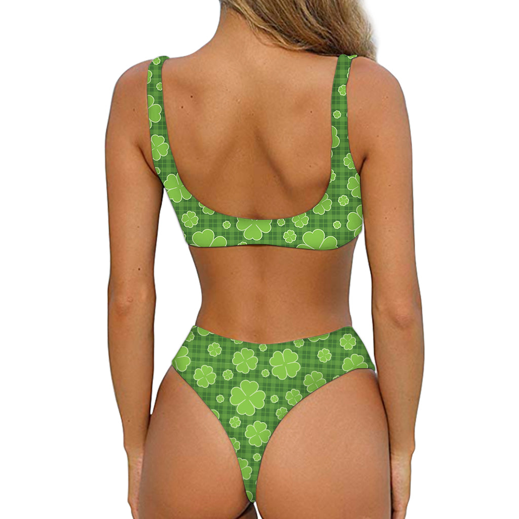 Green Shamrock Plaid Pattern Print Front Bow Tie Bikini