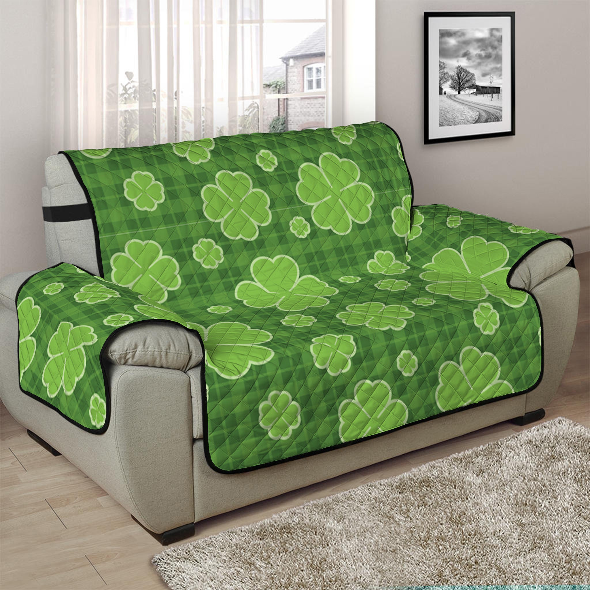 Green Shamrock Plaid Pattern Print Half Sofa Protector