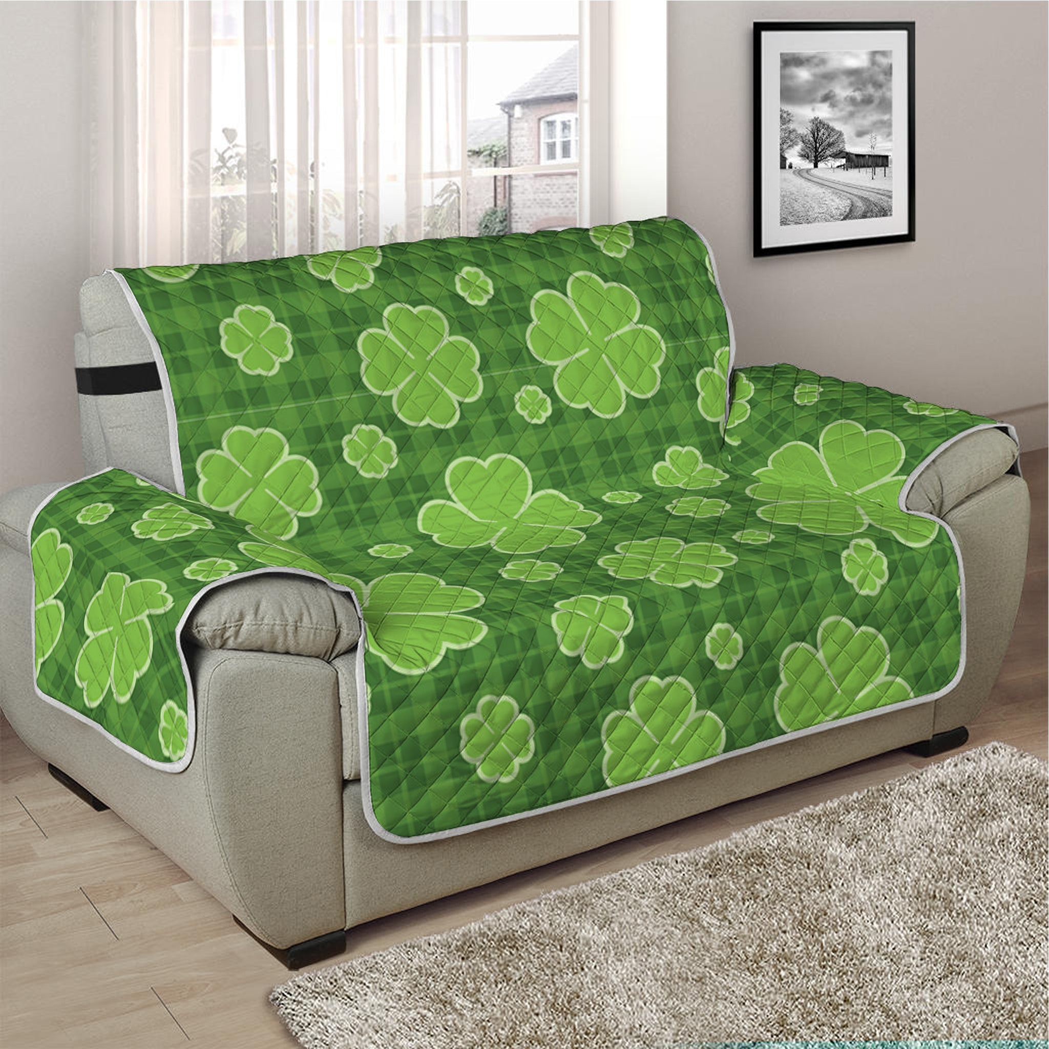 Green Shamrock Plaid Pattern Print Half Sofa Protector