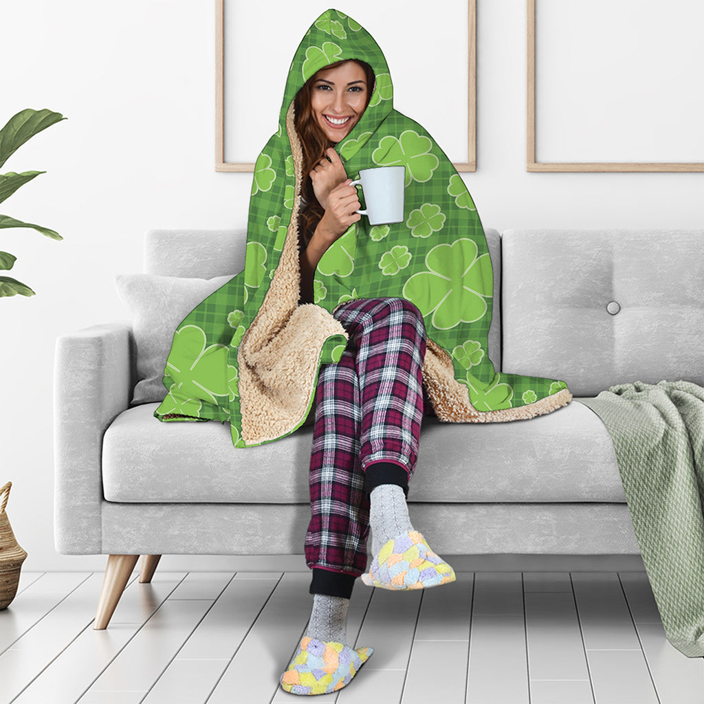 Green Shamrock Plaid Pattern Print Hooded Blanket