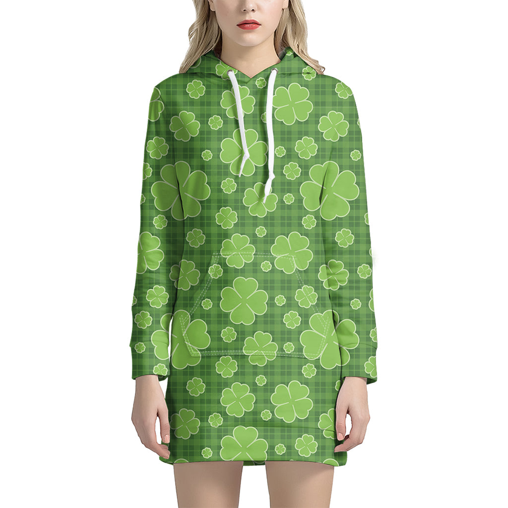 Green Shamrock Plaid Pattern Print Hoodie Dress
