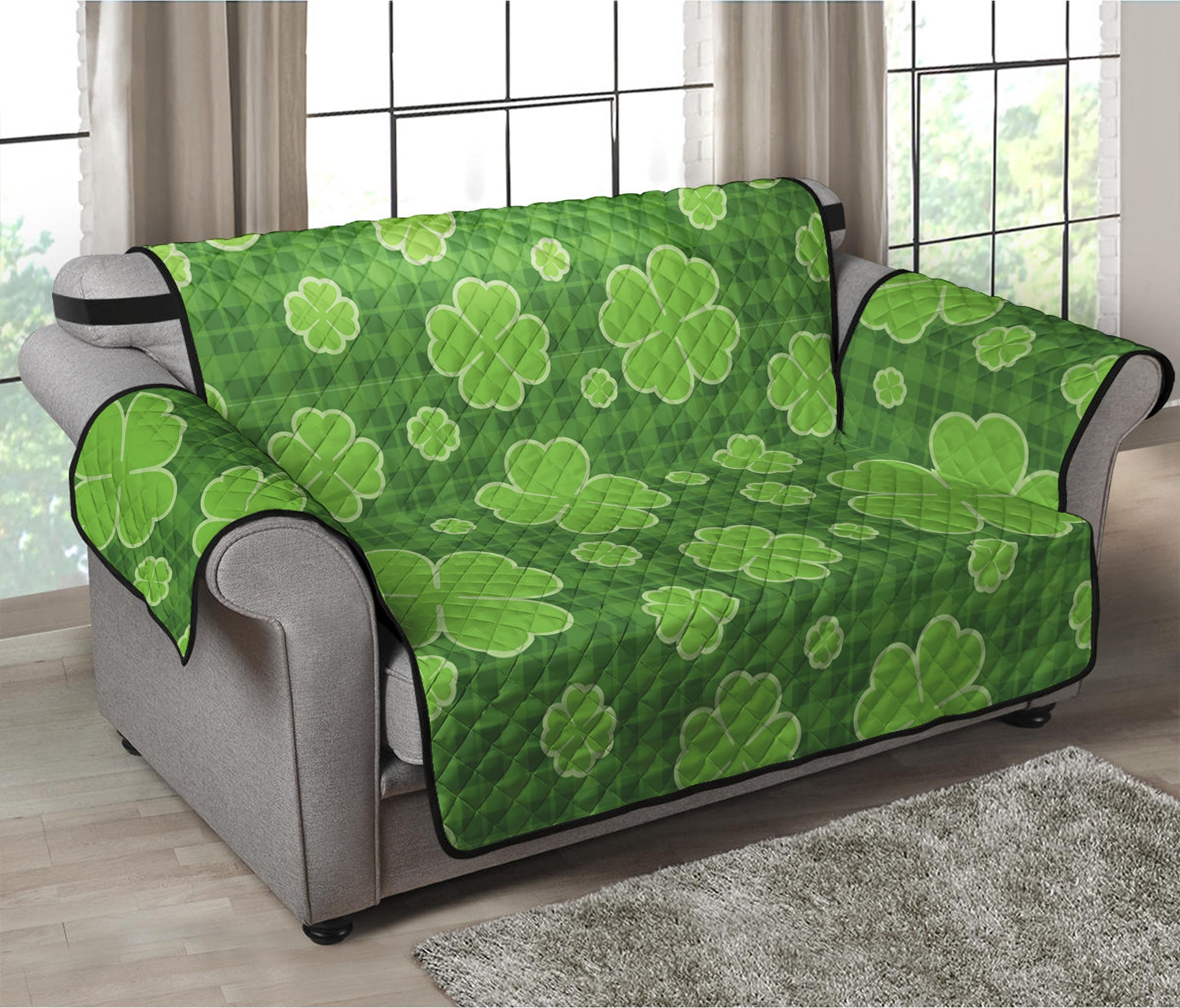 Green Shamrock Plaid Pattern Print Loveseat Protector