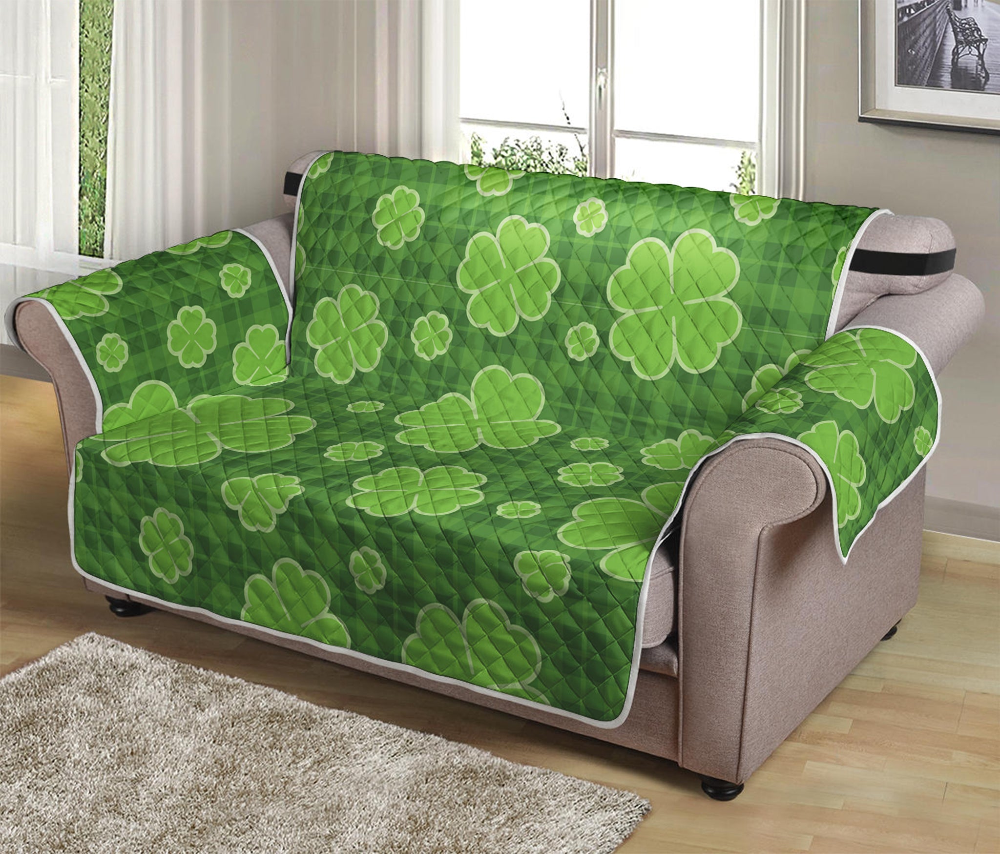 Green Shamrock Plaid Pattern Print Loveseat Protector