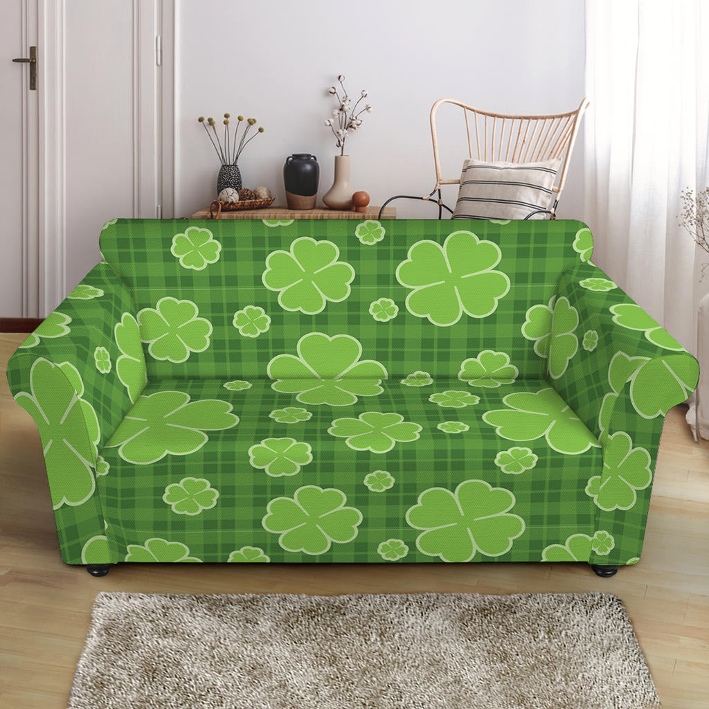 Green Shamrock Plaid Pattern Print Loveseat Slipcover