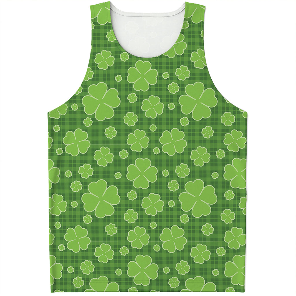 Green Shamrock Plaid Pattern Print Men's Tank Top