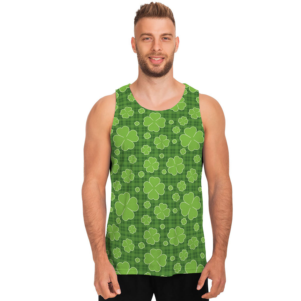 Green Shamrock Plaid Pattern Print Men's Tank Top