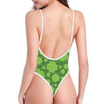 Green Shamrock Plaid Pattern Print One Piece High Cut Swimsuit