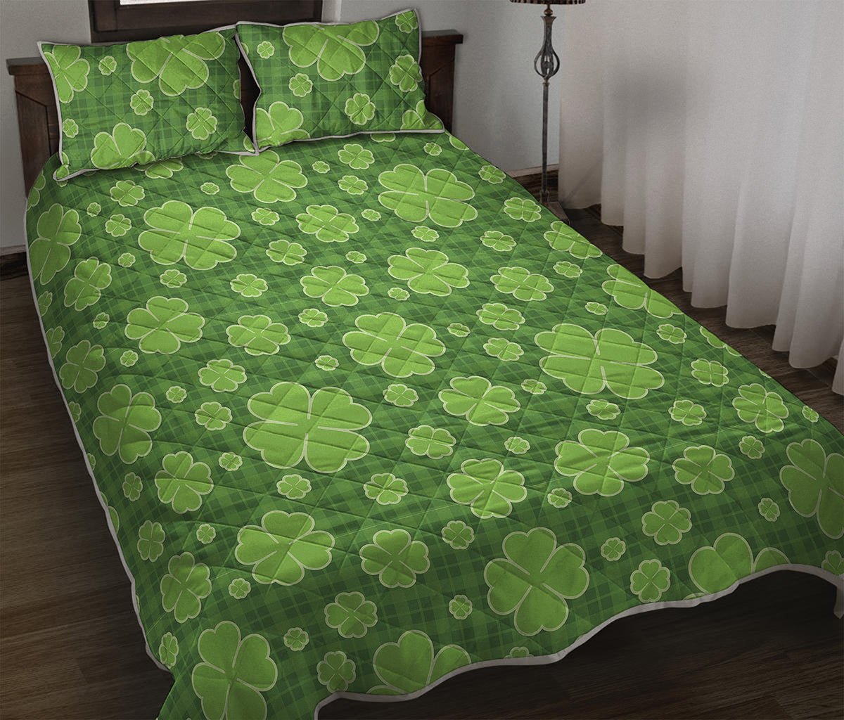 Green Shamrock Plaid Pattern Print Quilt Bed Set