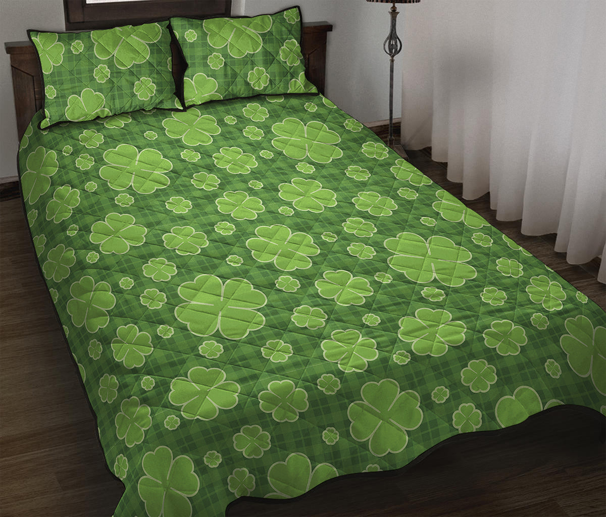 Green Shamrock Plaid Pattern Print Quilt Bed Set