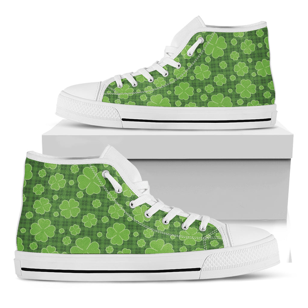 Green Shamrock Plaid Pattern Print White High Top Shoes