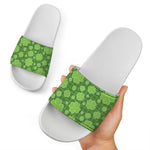 Green Shamrock Plaid Pattern Print White Slide Sandals