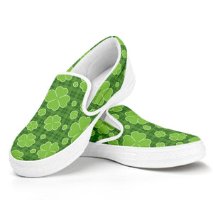 Green Shamrock Plaid Pattern Print White Slip On Shoes