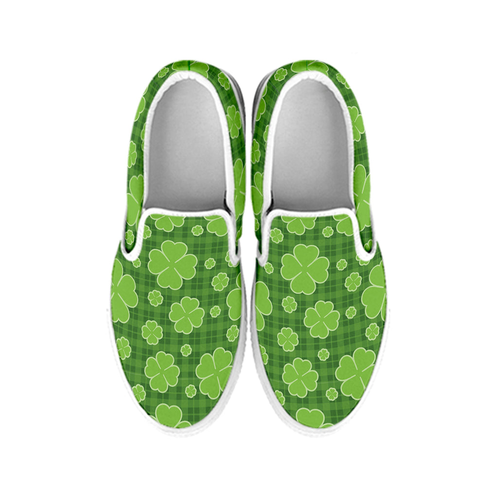 Green Shamrock Plaid Pattern Print White Slip On Shoes