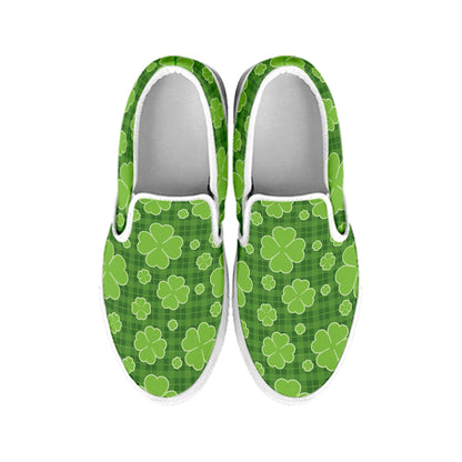 Green Shamrock Plaid Pattern Print White Slip On Shoes