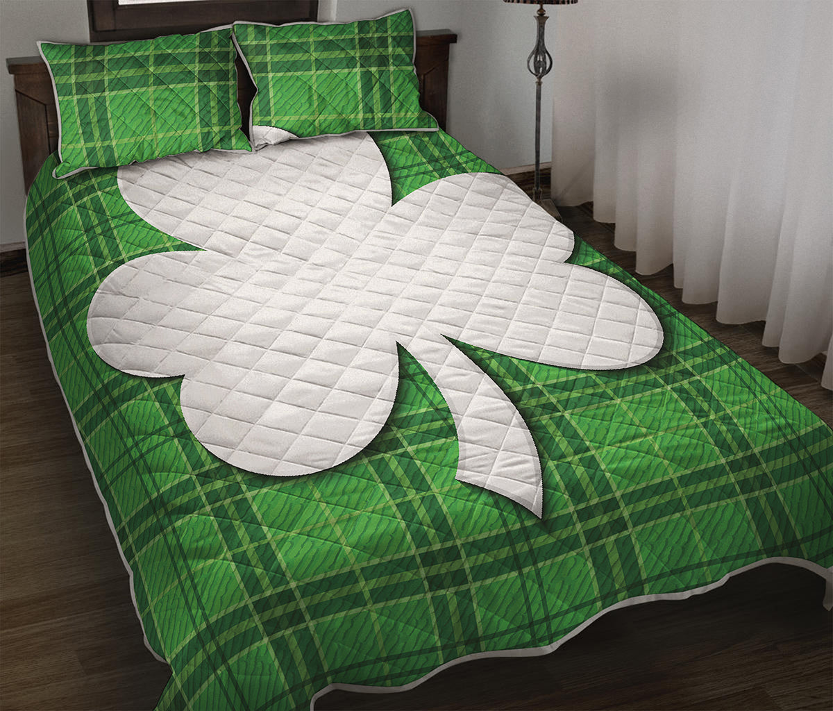 Green Shamrock Tartan Print Quilt Bed Set