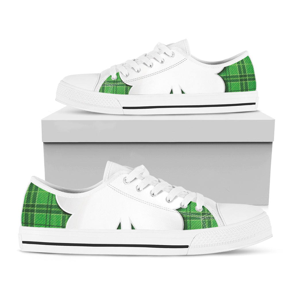 Green Shamrock Tartan Print White Low Top Shoes