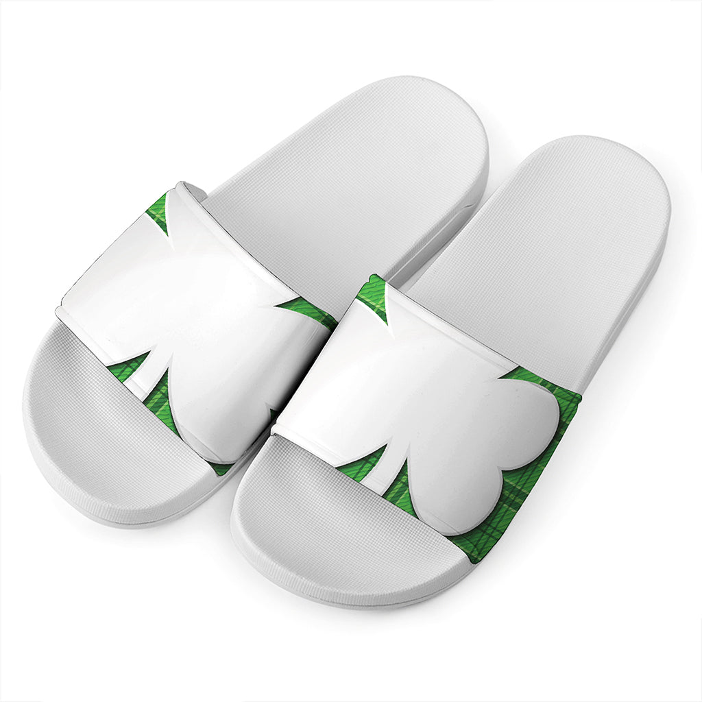 Green Shamrock Tartan Print White Slide Sandals