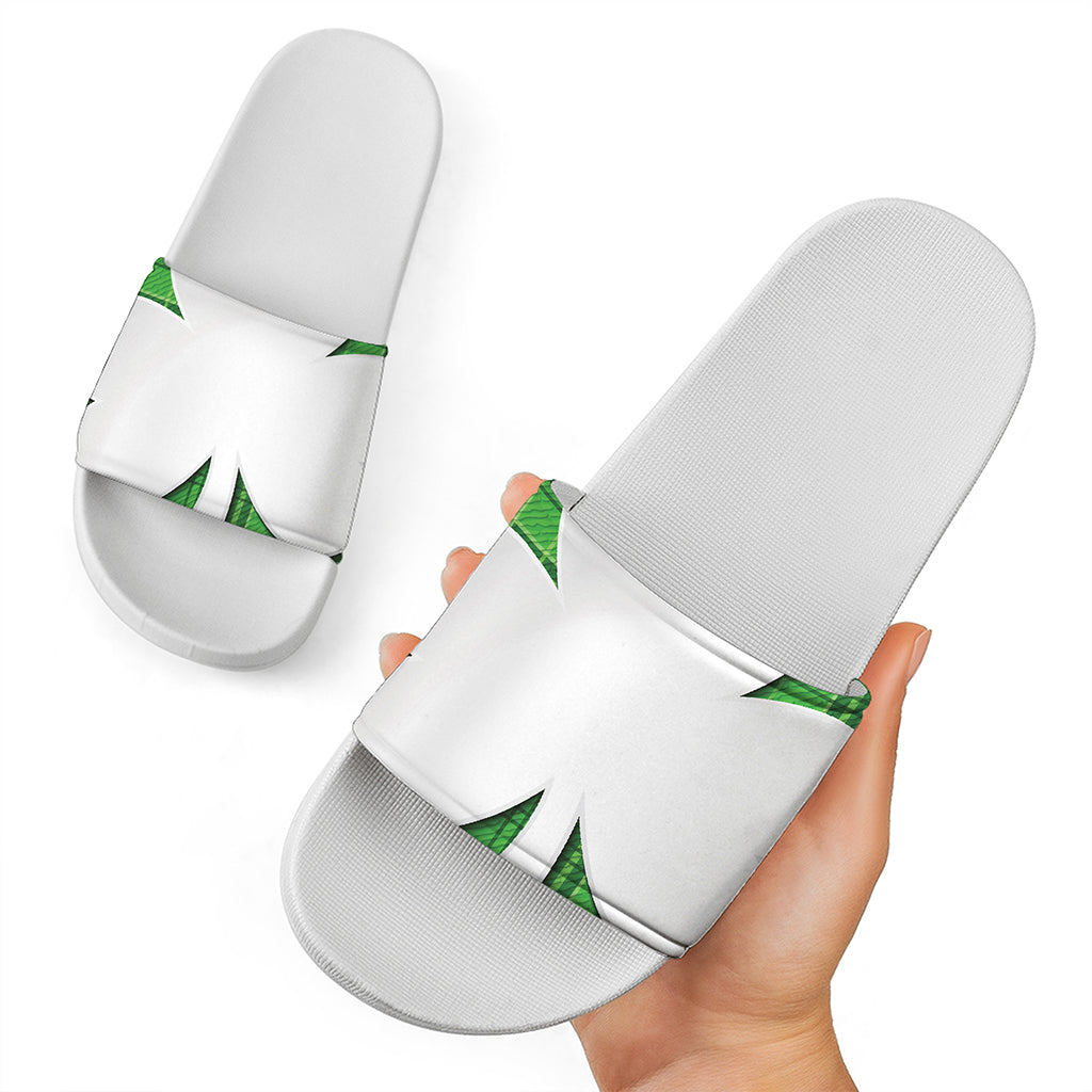 Green Shamrock Tartan Print White Slide Sandals