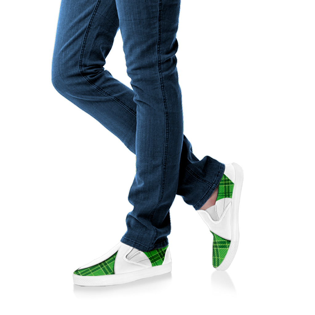 Green Shamrock Tartan Print White Slip On Shoes