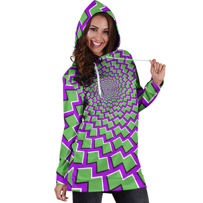 Green Shapes Moving Optical Illusion Hoodie Dress GearFrost