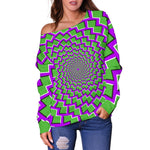 Green Shapes Moving Optical Illusion Off Shoulder Sweatshirt GearFrost