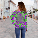 Green Shapes Moving Optical Illusion Off Shoulder Sweatshirt GearFrost