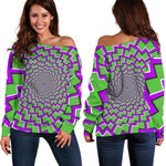 Green Shapes Moving Optical Illusion Off Shoulder Sweatshirt GearFrost